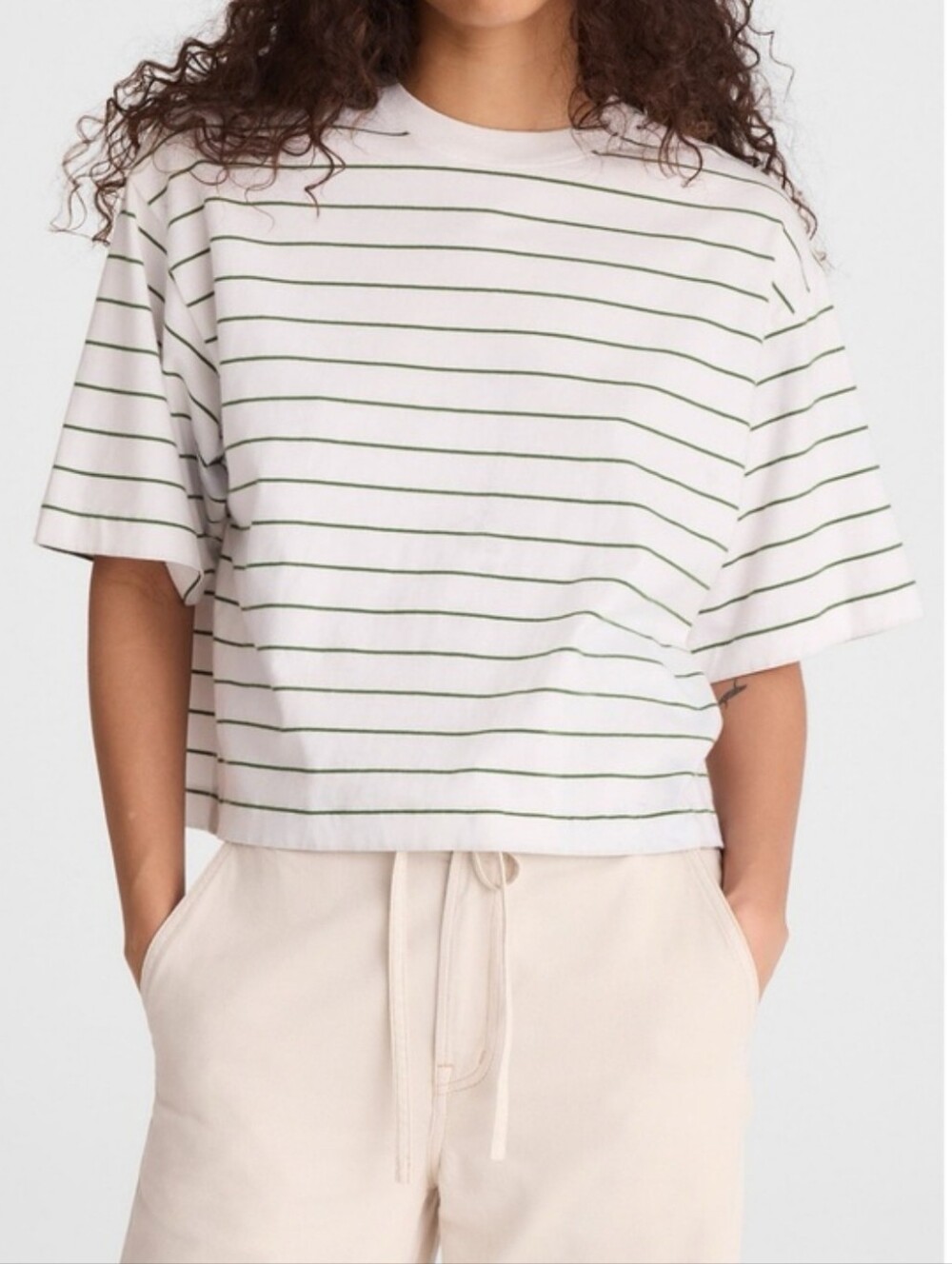 NWT Madewell The Boxy Crop Tee Cotton Green White Stripe Sz. S Oversized - Picture 2 of 6